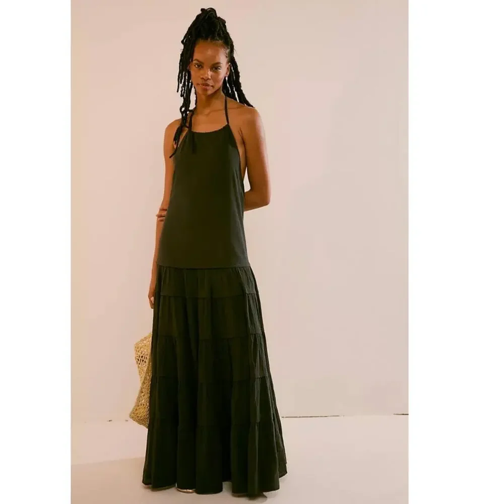 New FREE PEOPLE Somewhere Sunny Drop-Waist Maxi Dress BOHO $118 X-SMALL Black